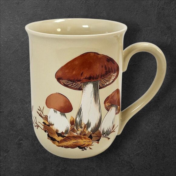 Vintage 1970s Mushroom Mug Double Sided Retro Cream Brown Coffee Cup Mushrooms - Picture 2 of 8
